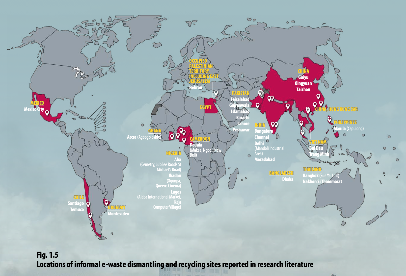 Locations of informal e-waste dismantling and recycling sites reported in research literature