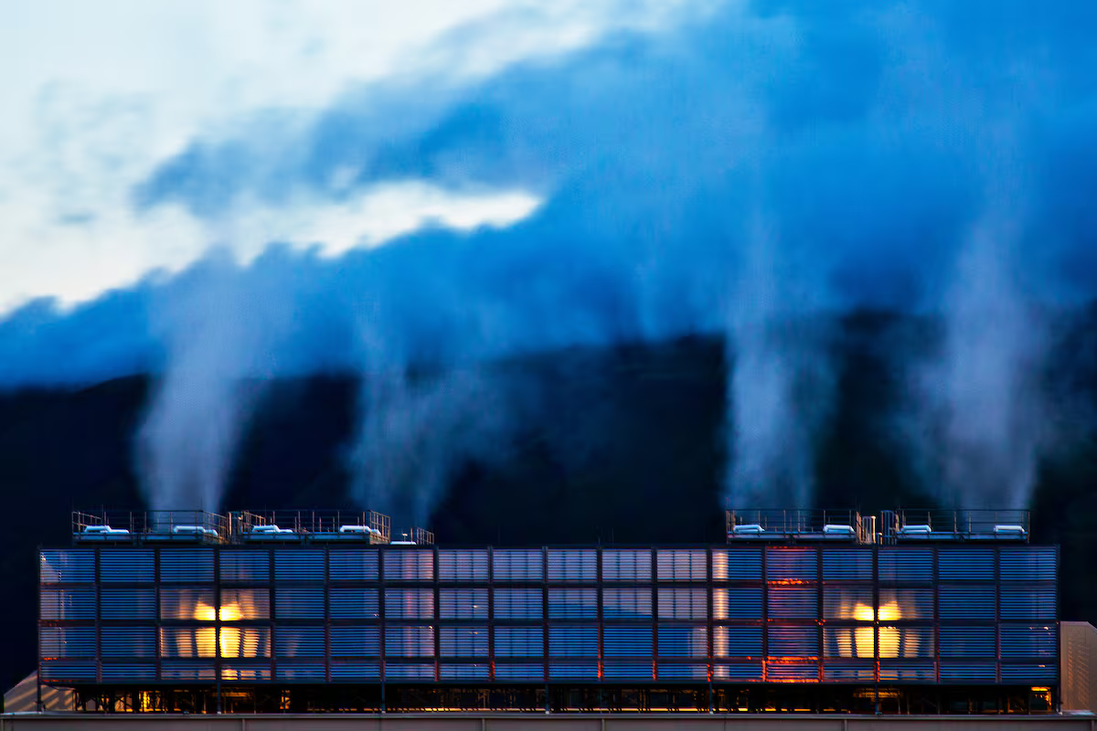 Columns of steam from evaporative cooling by Google’s hyper data centre in Oregon